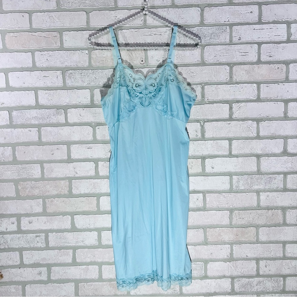 Vtg Heiress 1950s 1960s Turquoise Nylon Lace Trim Slip Dress Size 34 - Picture 3 of 16